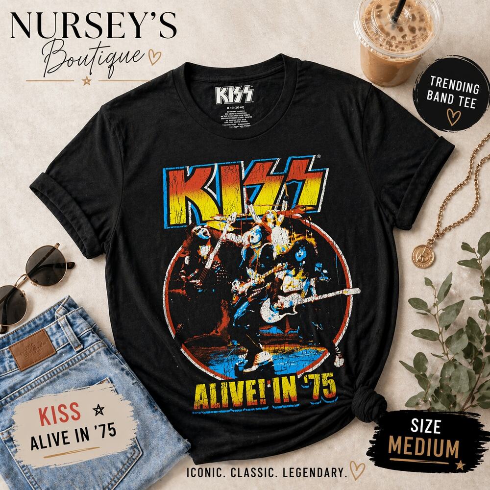 KISS Alive In '75 Graphic Tee Black Rock Band Shirt Size Large M NWOT